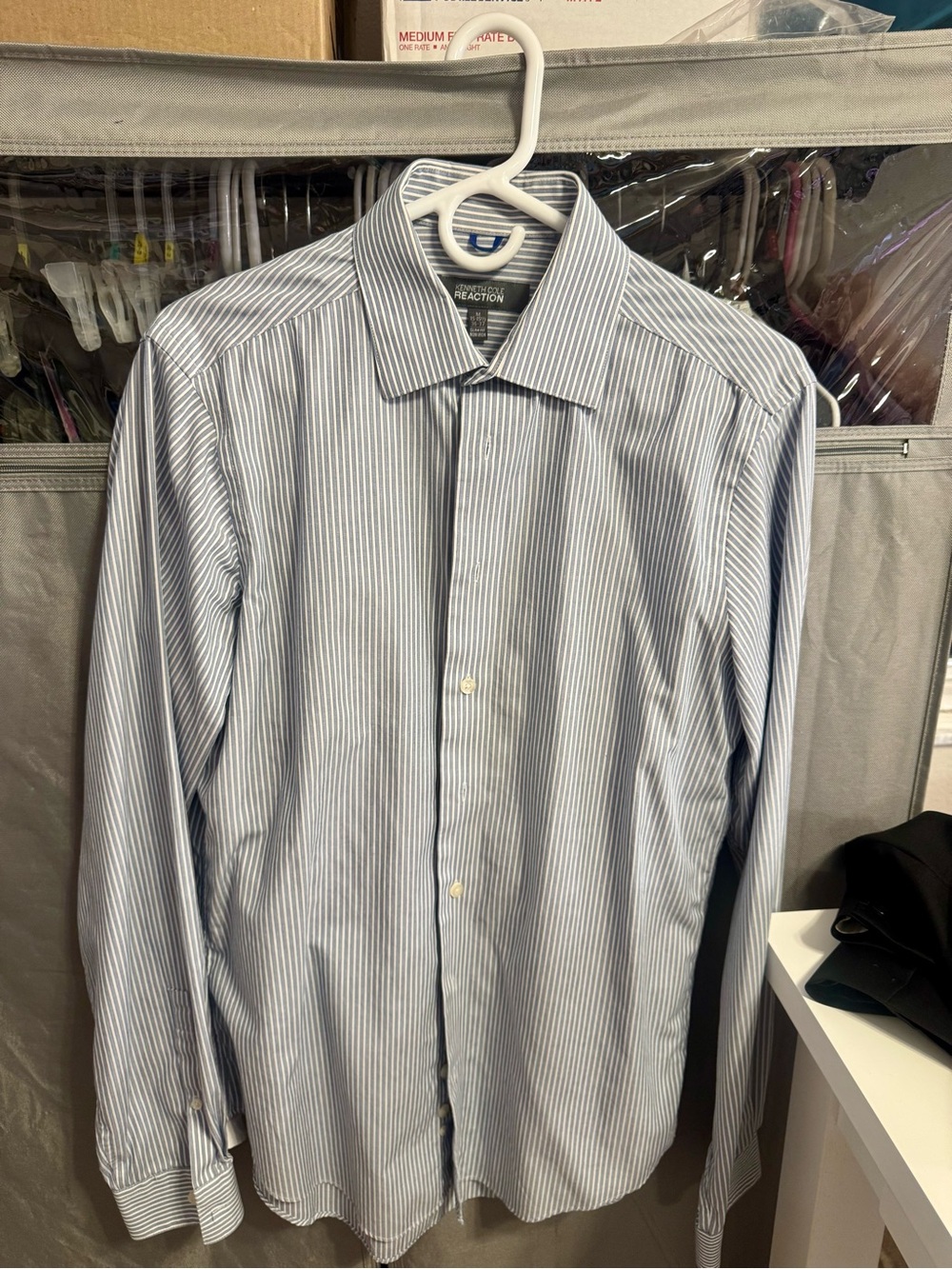 Kenneth Cole Light Blue and White Pinstripe Dress Shirt